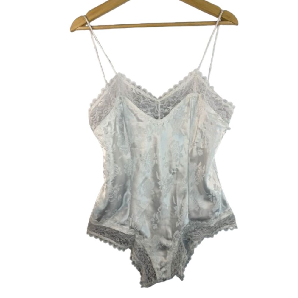 Gunne Sax 90s White Floral Jacquard Lace Satin Lingerie Teddy Bodysuit L USA